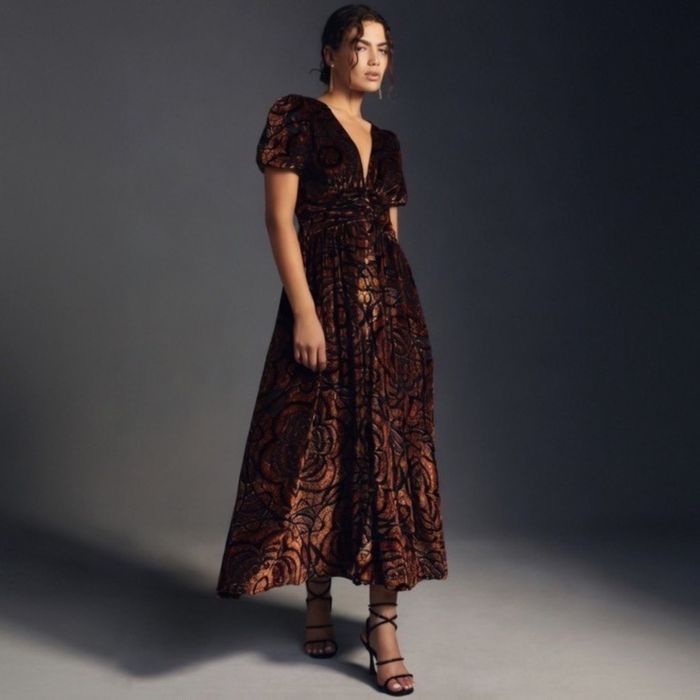 Anthropologie Catalina Burnout Velvet Dress Black Gold Paisley V-Neck Maxi Sz 4